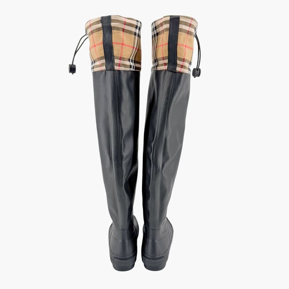 Burberry Freddie Over The Knee Rain Boots EU 37 US 7 Black Rubber Beige Check - Picture 7 of 16